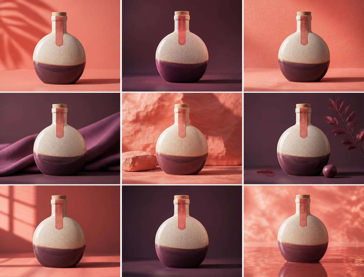 Nine AI-generated views of the same ceramic bottle rendered in a consistent coral and plum palette