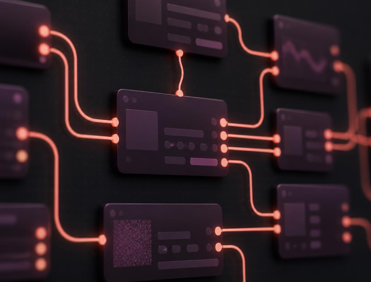 Node-based generative pipeline with glowing coral connections on a dark canvas